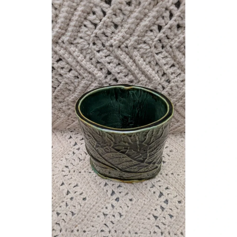 Studio Pottery Green Leaf Relief Vase Handcrafted Ceramic Nature Vessel 5.5